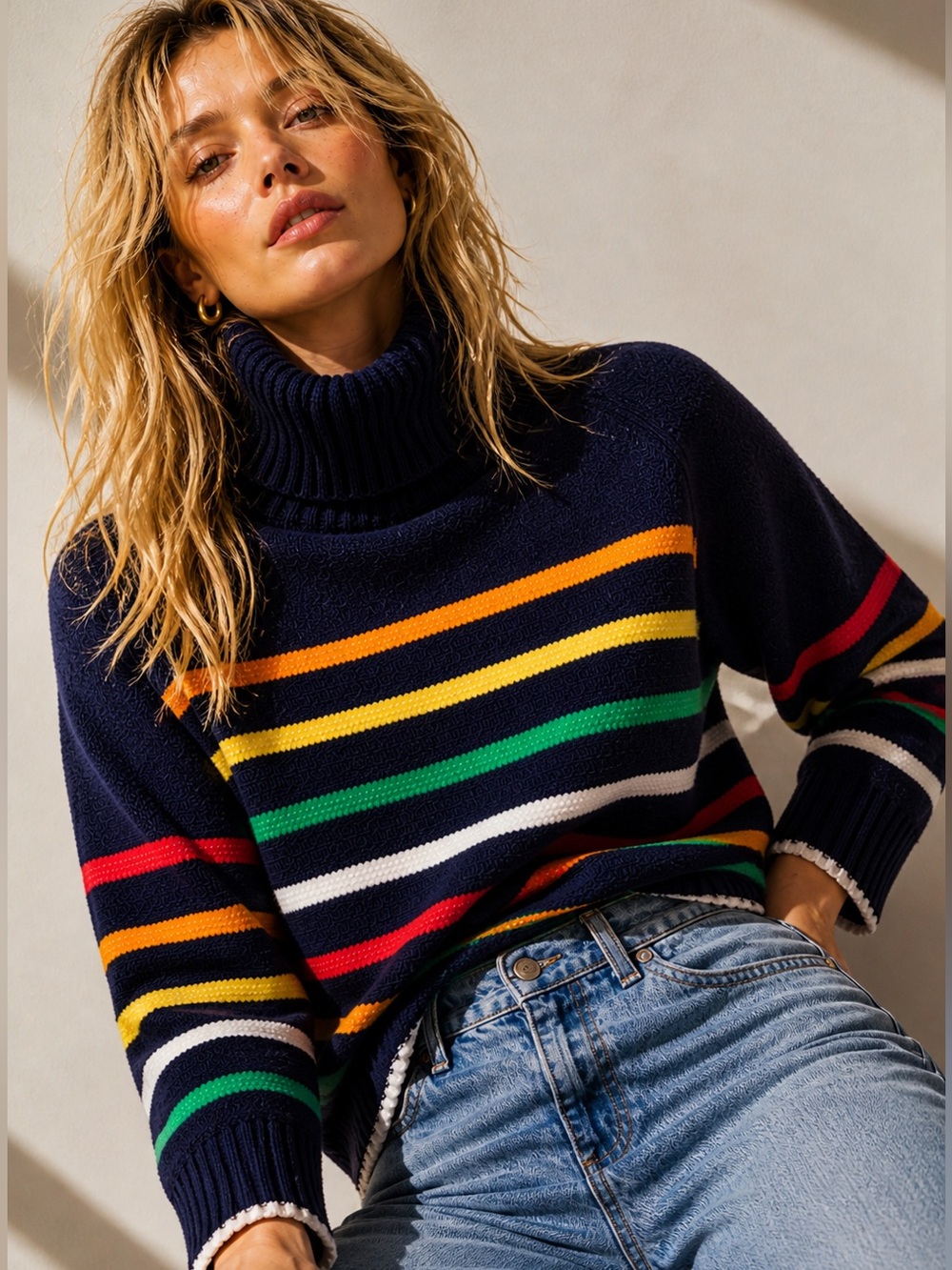J Crew Striped Turtleneck Sweater Small | Navy Rainbow Stripe Knit